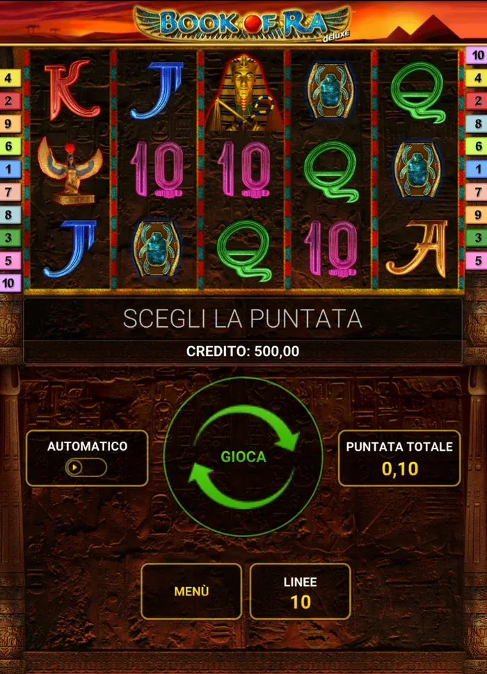 Book of Ra Deluxe in verticale su telefono: i cinque rulli, il credito, il tasto Gioca rotondo, Automatico e Puntata totale