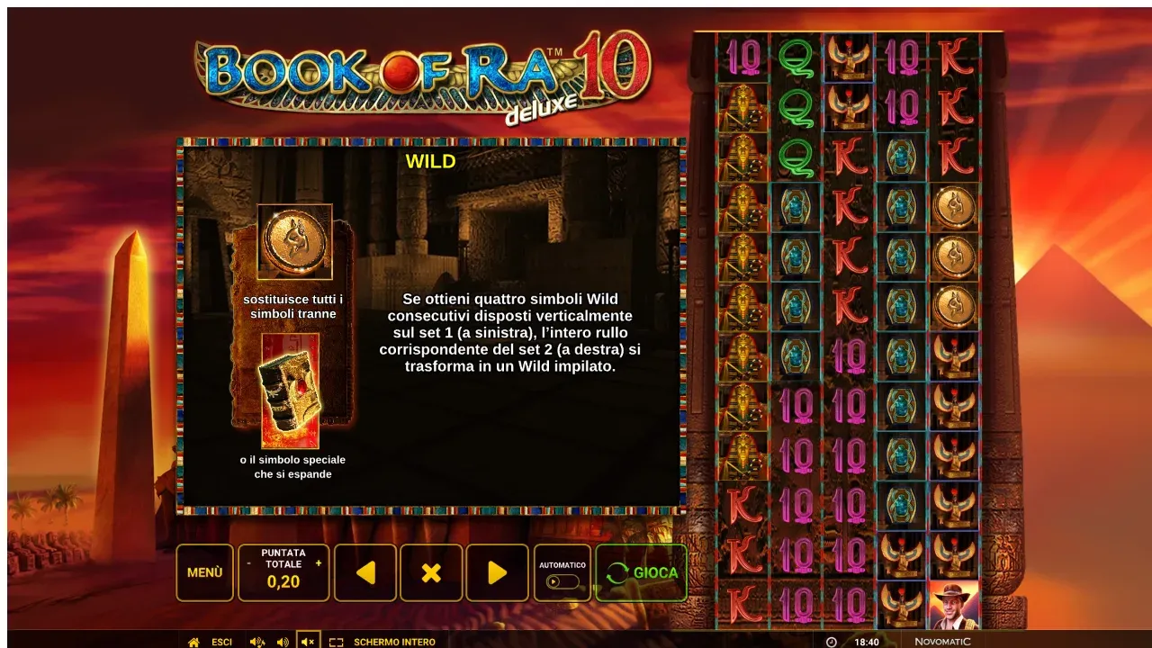 La pagina Wild di Book of Ra Deluxe 10: quattro Wild impilati sul set 1 trasformano il rullo corrispondente del set 2 in un Wild impilato