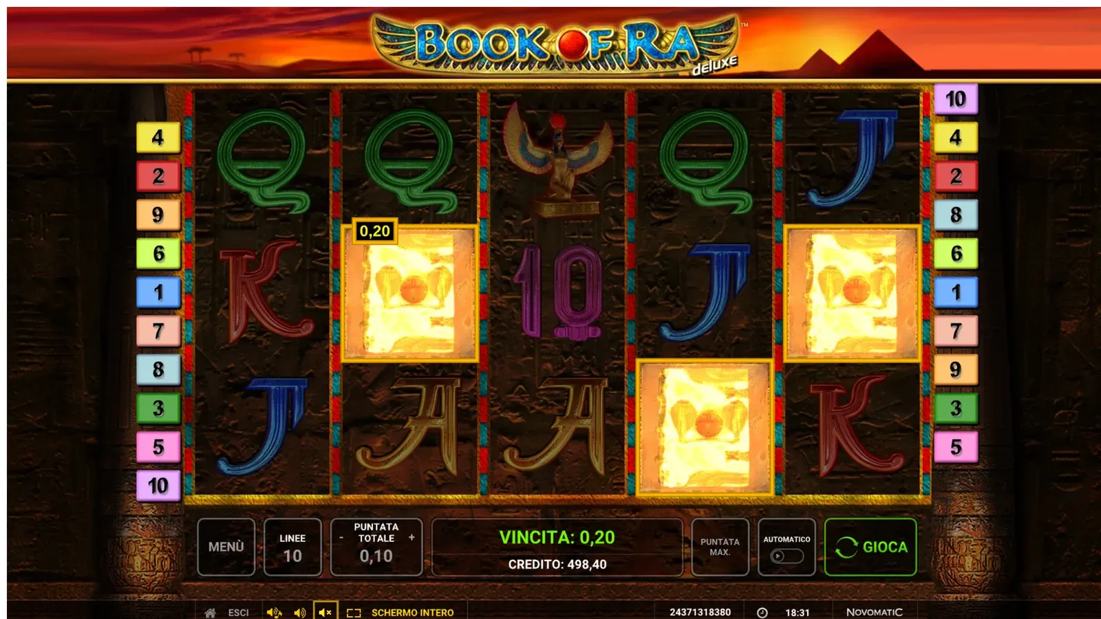 Tre libri illuminati sui rulli di Book of Ra Deluxe: pagano 0,20 e avviano le partite bonus