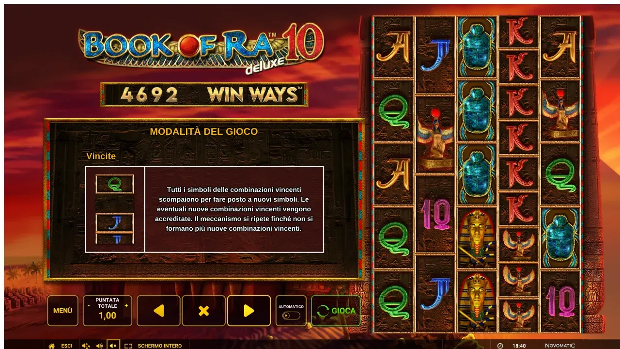 La pagina Modalità del gioco di Book of Ra Deluxe Win Ways: i simboli vincenti scompaiono per fare posto a nuovi simboli