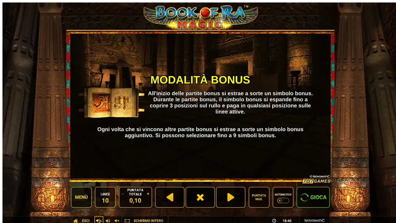 La pagina Modalità bonus di Book of Ra Magic: si possono selezionare fino a 9 simboli bonus